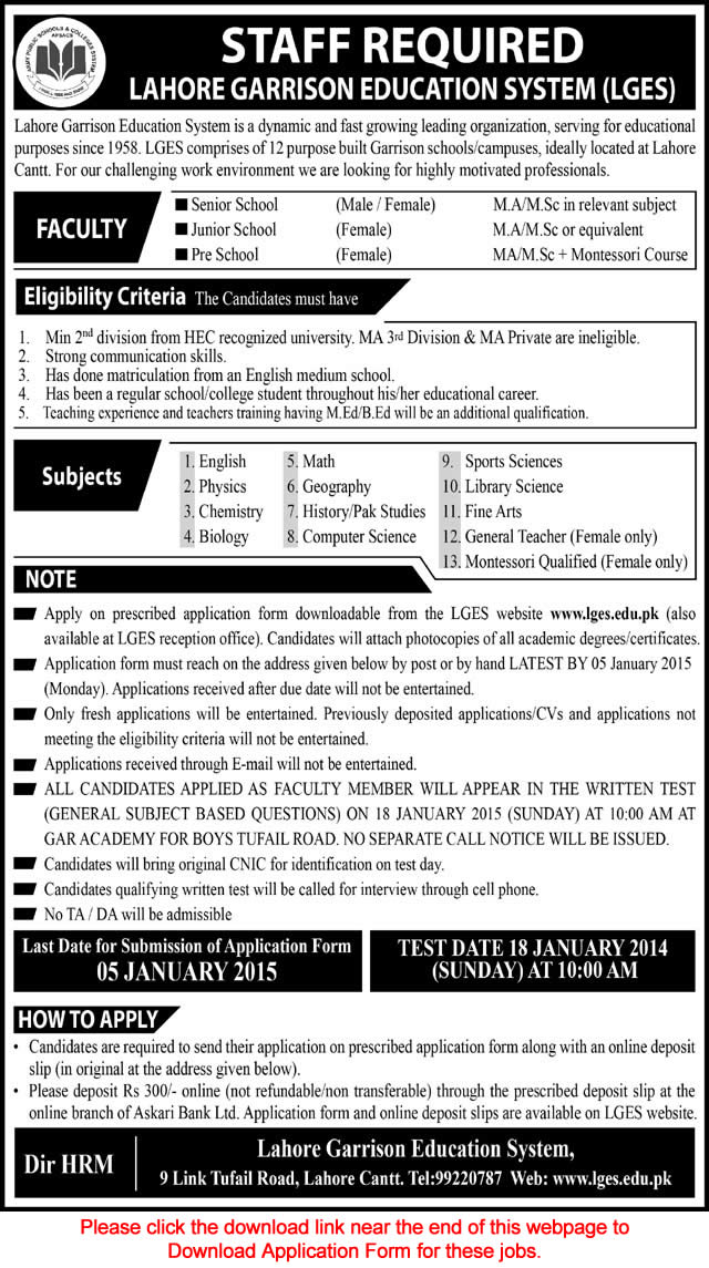 Lahore Garrison Education System Jobs 2014 December Teachers